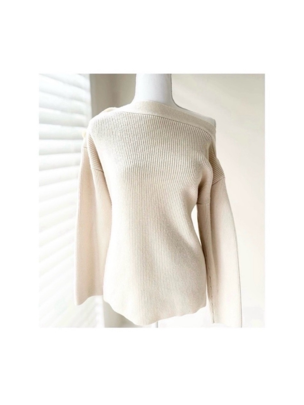 All Saints Cream Off-Shoulder Ribbed Sweater